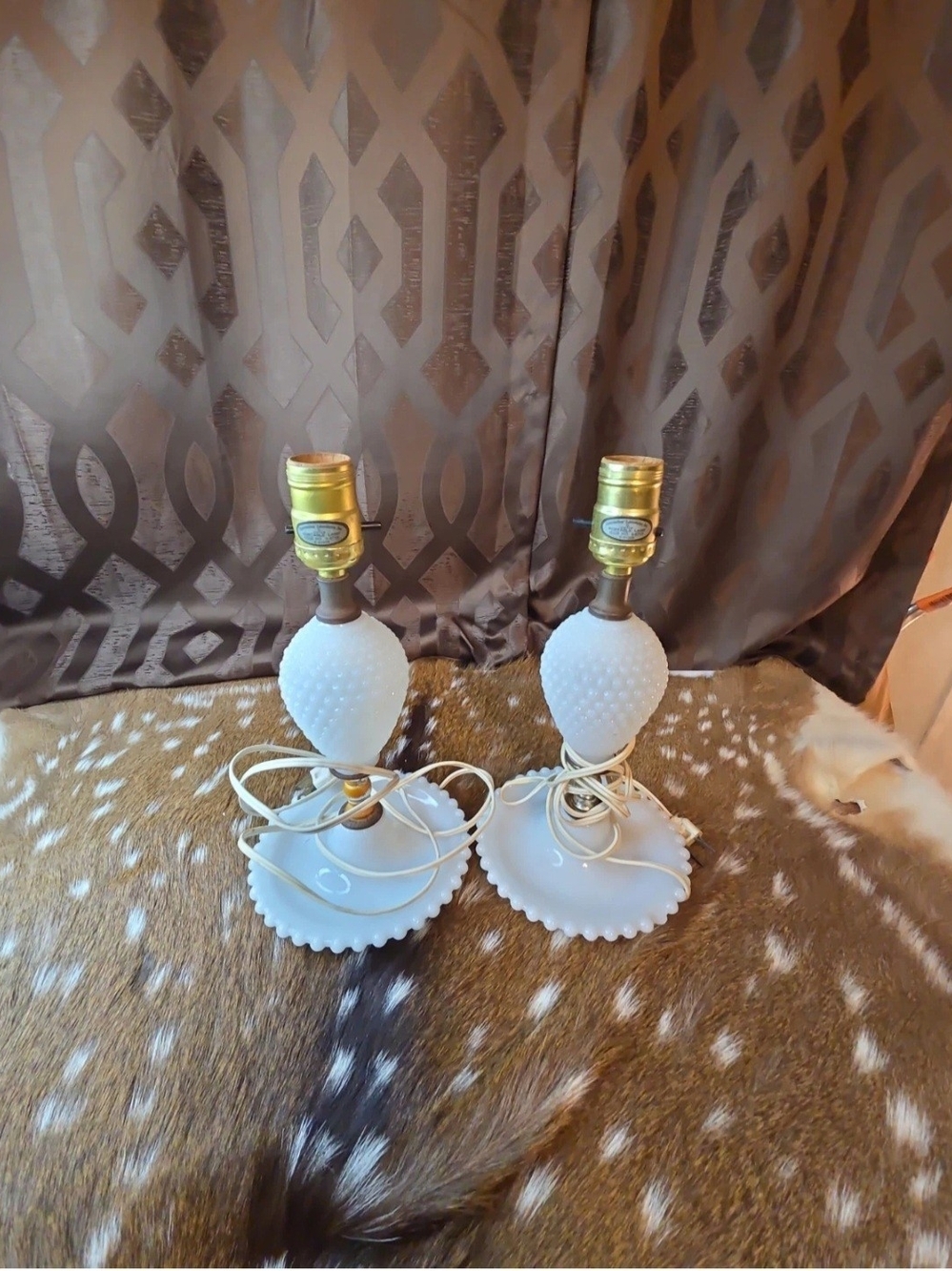 2-Vintage White Milk Glass /Hobnail Boudoir Lamps 11 inch, No Shades Working!!
